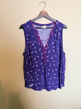ModCloth Fish-Print Sleeveless Button Tank with Pink Trim